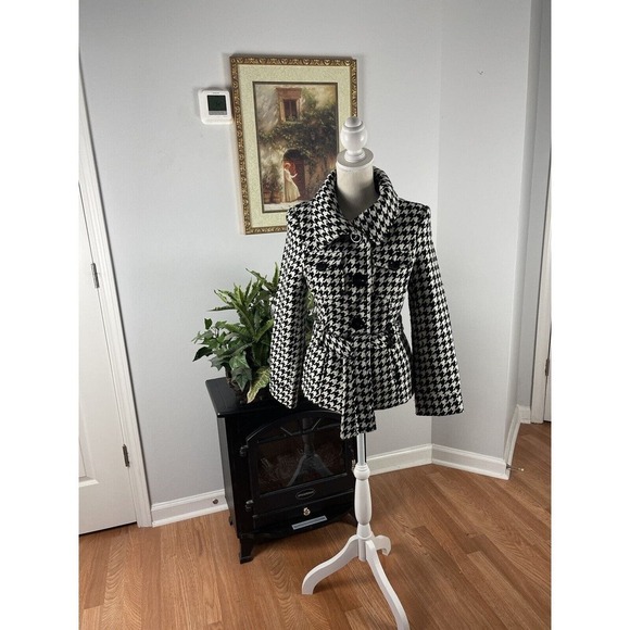 Last Kiss Women's Black & White Long Sleeve 4-Button Tie Closure Jacket Coat SM - Picture 2 of 10